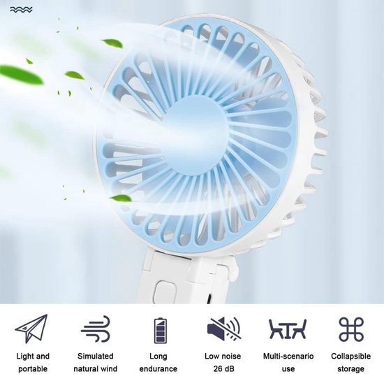 Wit met lichtblauwe ventilatorbladen die wind uitstralen, met pictogrammen voor licht, draagbaar, natuurlijke wind, lange levensduur, laag geluidsniveau, multi-scenario en inklapbare opslag.