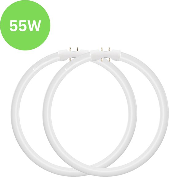 Twee witte ringvormige TL-buizen, 55W, met 4-pins aansluiting.