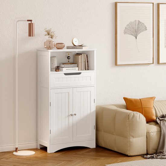 Xbro Badkamerkast met Lade en 2 Deuren, Vrijstaande Ladekast met Verstelbare Planken, 108x60x30 cm, Vochtbestendig MDF, Wit