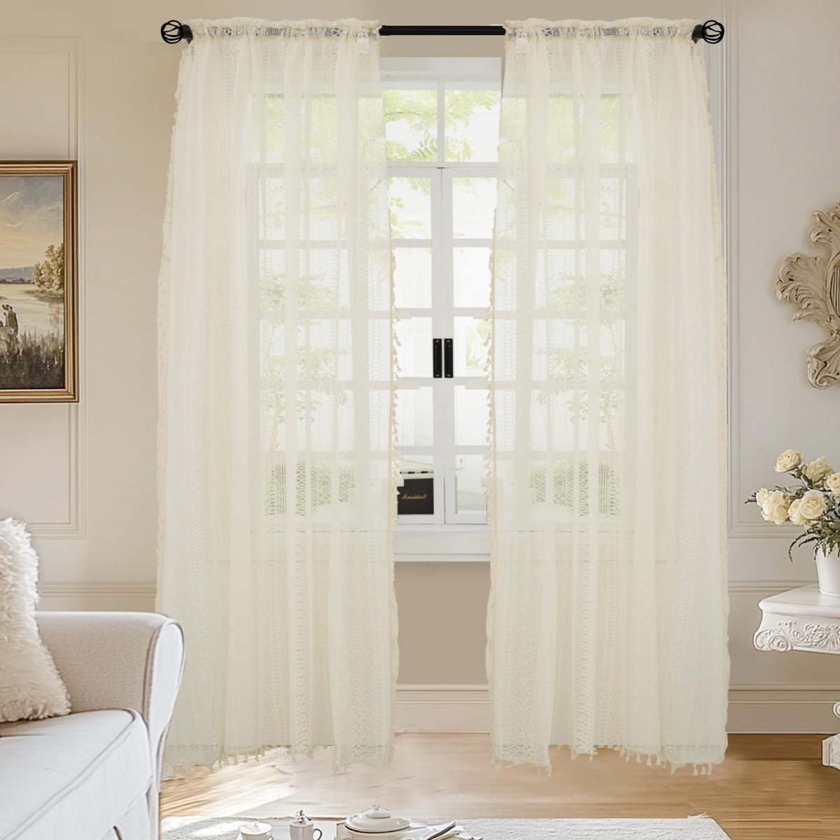 Ibenzoa® Gordijnen met Boheemse Stijl in Boerderijsfeer met Kwastjes en Staafzak, Set van 2, H 225 x B 140 cm