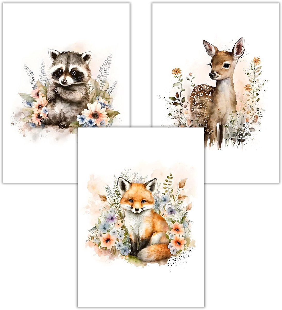 Ibenzoa® Kinderkamer Dierenposterset met Vos, Hert en Wasbeer voor Babykamer Decoratie zonder Lijst