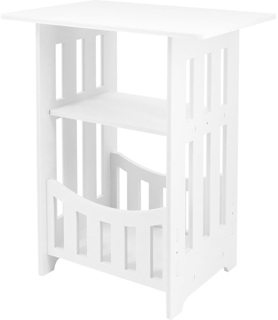 Een staande witte bijzettafel met twee planken en een laag rek.