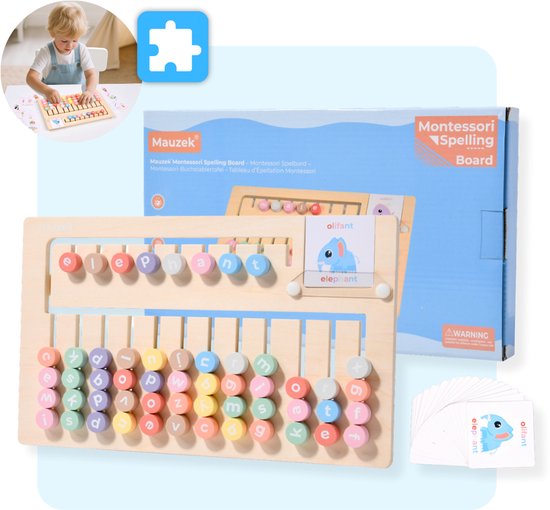 Mauzek® Spellingbord - Montessori speelgoed - Leren lezen - Houten speelgoed - Letters leren - Alfabet leren - Spellen - Educatief speelgoed - Sensorisch - Peuter speelgoed - Kleuter - Jongens - Meisjes - 3 jaar - 4 jaar - 5 jaar - 6 jaar - 7 jaar