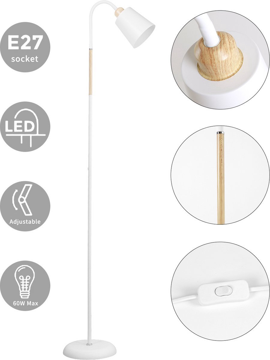 ANTENLICHT Industriële Vloerlamp Wit - Met Trapeziumvormige lampenkap - E27 Fitting, MAX 60W - Hoogte 159CM - Exclusief Lichtbron