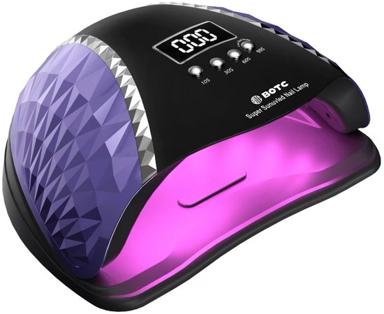 Paarse en roze BOTC UV LED nagellamp met digitaal display en timer-knoppen. Glanzend, geometrisch design aan de zijkanten.