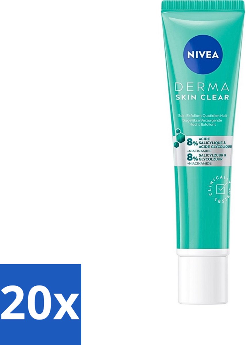 NIVEA - Nacht Exfoliant - DERMA Huidzuiver Dagelijkse Verzorging - Met Salicylzuur (AHA), Glycolzuur & Niacinamide - Tegen Acne & Mee-eters - 40 ml - Bulkverpakking - 20 stuks