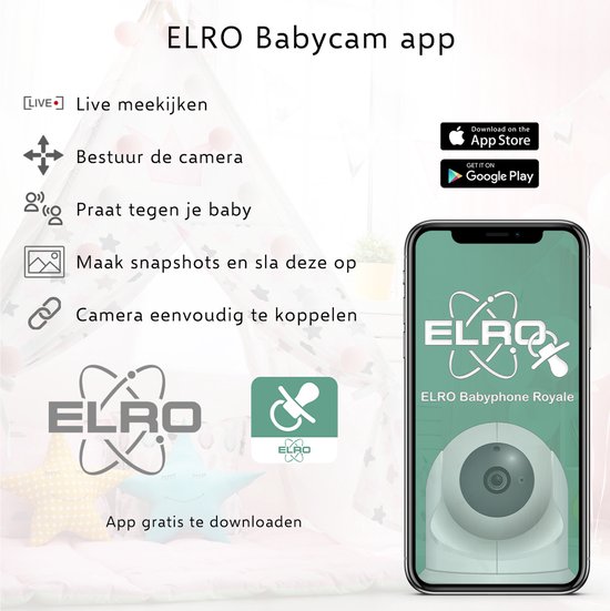 ELRO BC4000 Babyfoon Royale metFull HD camera - 12,7 cm Touchscreen Monitor- & Gratis App - Incl. Geluidsdetectie, Voedingsalarm en Temperatuursensor - Mint
