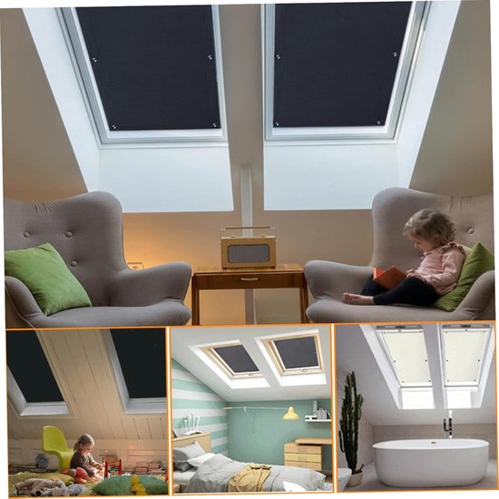 Collage van verduisteringsgordijnen voor dakramen, in slaapkamers met een kind en een vrouw.