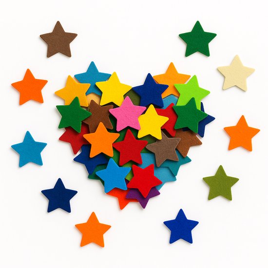 Étoiles multicolores en feutre, disposées en forme de cœur.