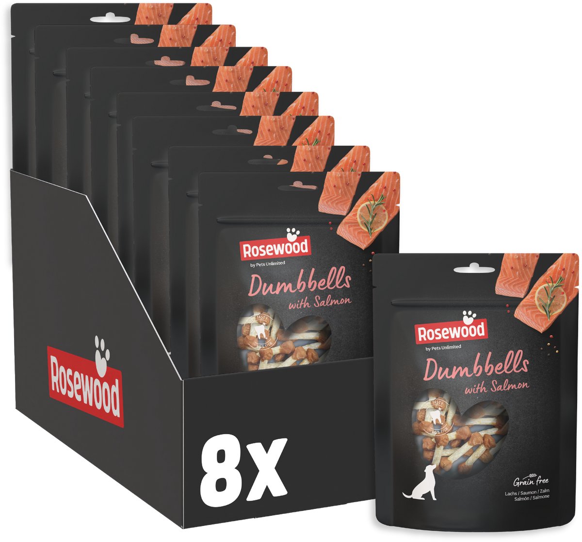 Rosewood Dumbbells Zalm - Kauwbotjes voor Honden - Met Zalm & Runderhuid - Zonder Toegevoegde Granen - Zonder Kunstmatige Toevoegingen - 8 zakjes à 150g