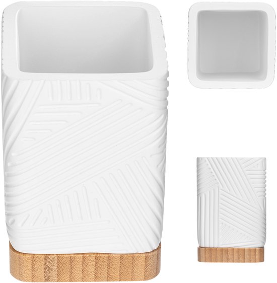 WENKO Tandenborstelbeker Marla - tandenborstelhouder voor tandenborstel en tandpasta in elegante hout-look, polyresin, 7,5 x 11 x 5 cm, bruin
