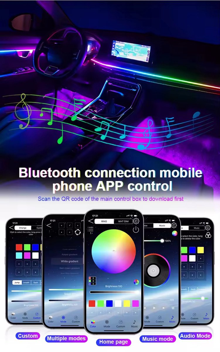 Ambient verlichting voor in de Auto - Sfeer verlichting interieur auto - Auto Sfeer Neon Verlichting Kit - Led strips - Led light strip - Auto Accessories - USB plug - 12V - Bestuur via App en Afstandsbediening