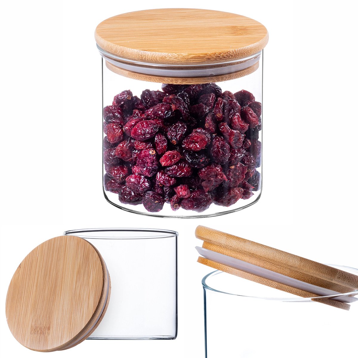 KADAX Glazen container met bamboedeksel, vaatwasmachinebestendige voorraadpotten, luchtdichte voorraaddozen, opbergglas, opbergdoos voor spaghetti, meel, muesli of koffie (rond, 680 ml)