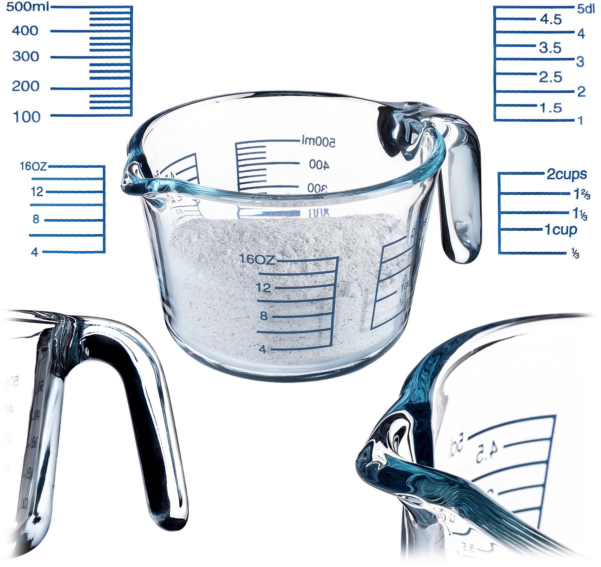 KADAX Glazen maatbeker met ergonomische handgreep, duurzaam maatvat voor vloeibare en poederige producten, maatbeker voor bakken en koken (0,5 liter)