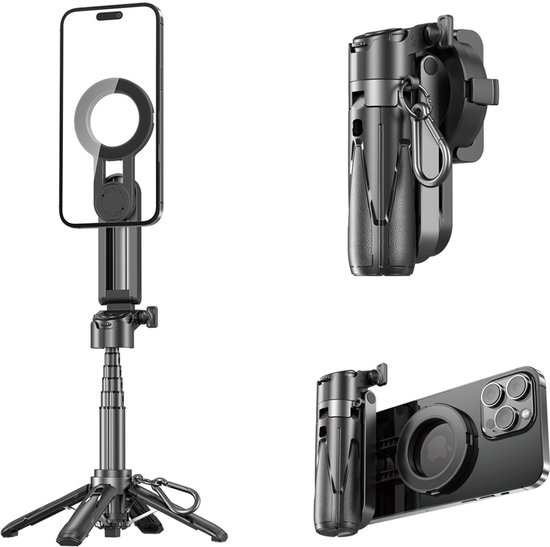 Perche à selfie 6 en 1 MOJOGEAR TS2 Mini trépied et poignée - Magnétique pour MagSafe - Avec télécommande Bluetooth - Zwart
