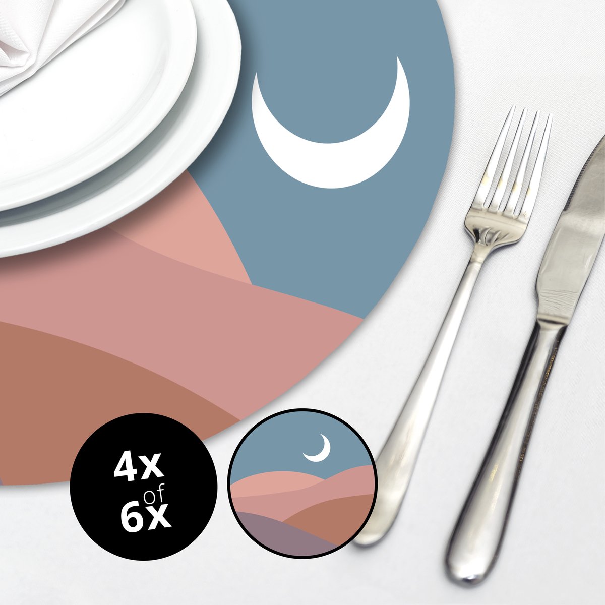 Placemats Maan 6 stuks - rond 40 cm - zwarte onderzijde - antislip - onderleggers - maan - moon - tafel - buitentafel - onderzetters