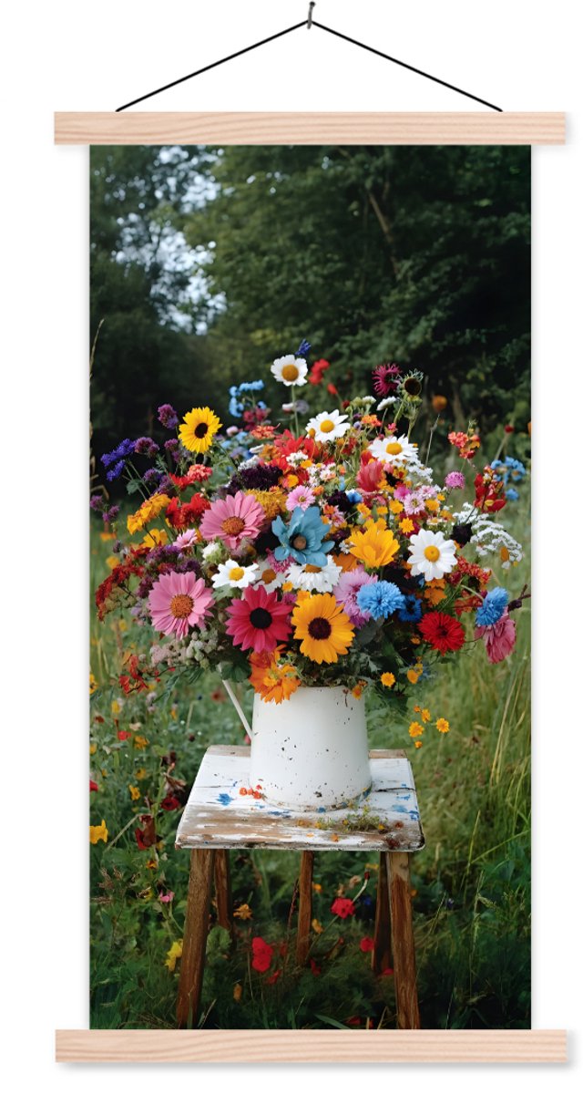 Posterhanger incl. Poster 90x180 cm - Schoolplaat - Bloemen - Krukje - Gieter - Veld - Tex