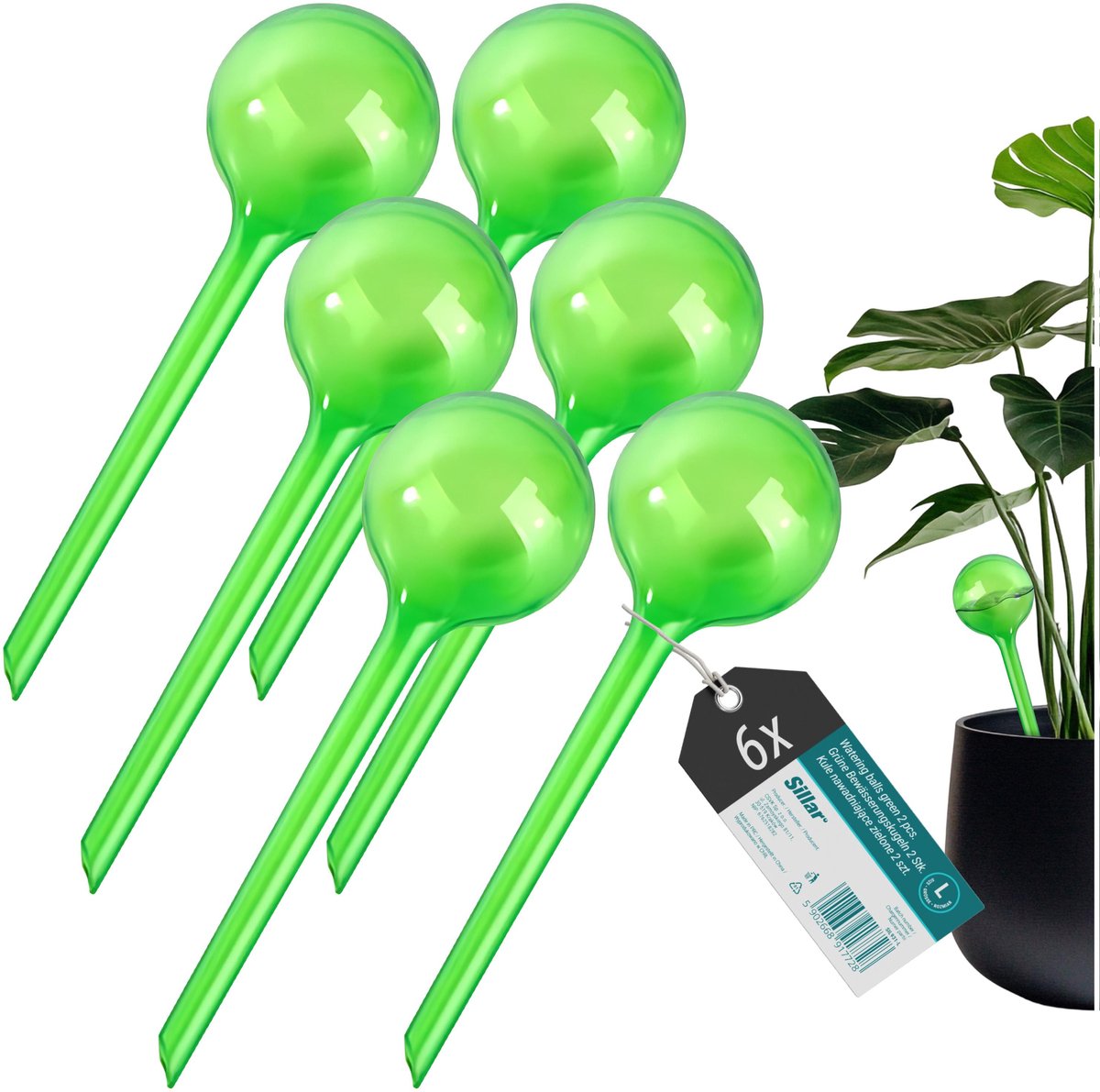Sillar, waterdruppelaar voor planten, set 6 stuck, druppelsysteem, waterbol voor kamerplanten, 250ml, 24cm, L, groen