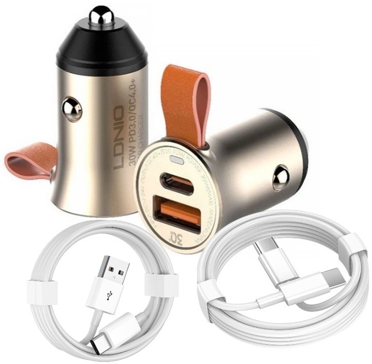Auto Oplader - 1x USB C naar USB C - 1x USB A Kabel (1M) wit & Auto Stekker - USB A & C Snel Lader 30W - PD20W/QC3.0 Autolader
