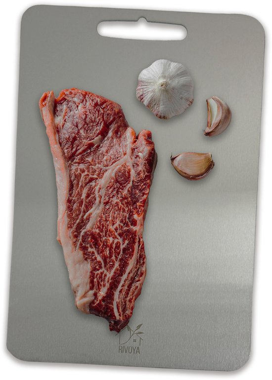 Planche à découper en titane - Sans BPA et antibactérienne - Évite les microplastiques - Passe au lave-vaisselle - Avec poignée - Acier inoxydable - 34 x 23 cm