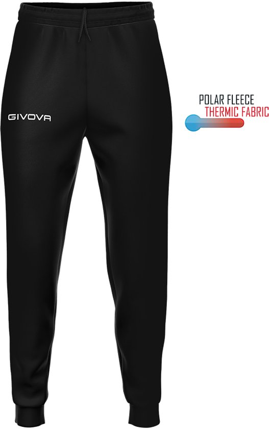 Zwarte sportbroek van Givova met wit logo op linkerbeen en tekst 'POLAR FLEECE THERMIC FABRIC'.