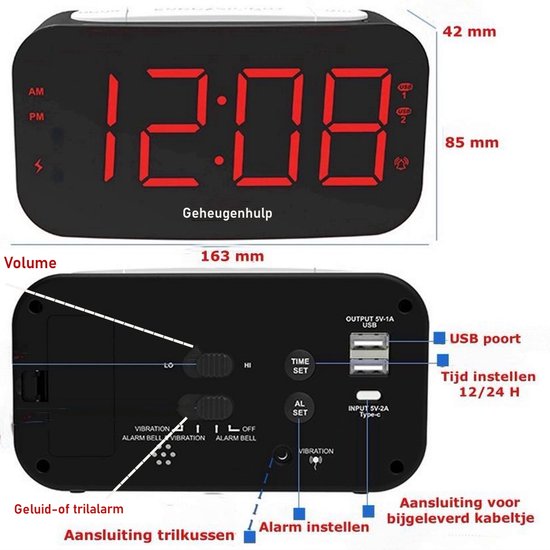 Wekker avec oreiller vibrant (secoueur de lit), double chargeur USB et affichage avec de grands chiffres