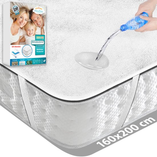 Waterdichte Matrasbeschermer 160x200- Hoeslakenbadstof - Antibacteriëel - Rondom Elastiek - Wit - Waterdichte Matras Beschermer Incontinentie Matrasbeschermer - Matrasbeschermer - Met 4 Elastieken Banden