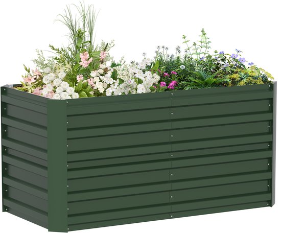 Groene, rechthoekige verhoogde bak van gegalvaniseerd staal, gevuld met diverse bloeiende planten en groen.