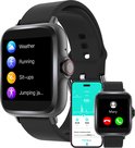 Zwarte smartwatch die sportfuncties, weer en een oproep van 'Mary' toont, naast een smartphone.