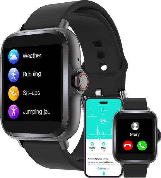 Zwarte smartwatch die sportfuncties, weer en een oproep van 'Mary' toont, naast een smartphone.