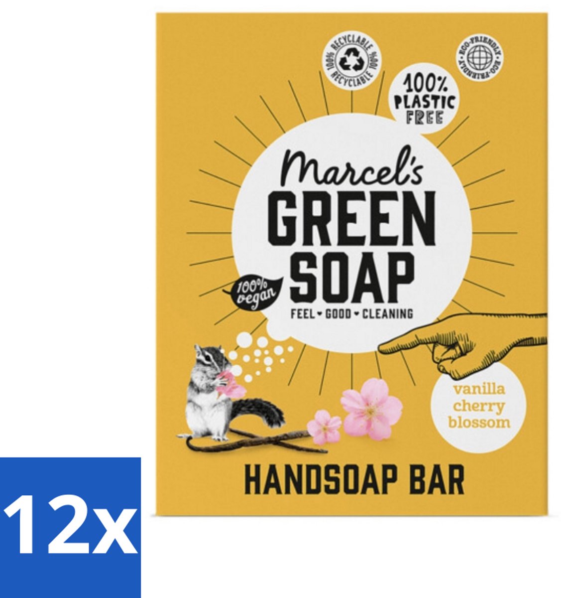 Marcel's Green Soap - Handzeep Bar - Vanille & Cherry Blossom - Krachtige werking - 90 gr - Voordeelverpakking - 12 stuks