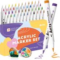 Arrtx acryl marker set met 48 kleuren, met illustraties van beschilderde steen en hout.