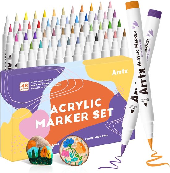 Arrtx acryl marker set met 48 kleuren, met illustraties van beschilderde steen en hout.