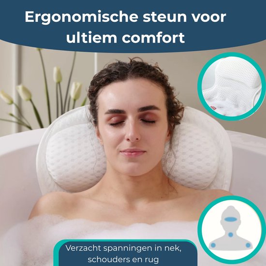 Vrouw met gesloten ogen ontspant met hoofd op wit badkussen in een bad. Verlicht spanning.