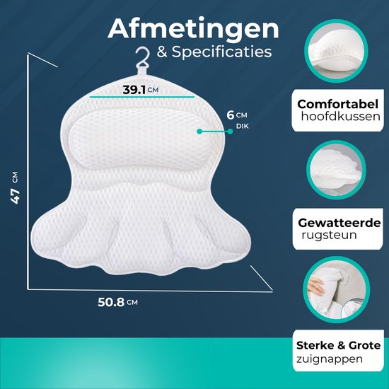 Afmetingen van wit badkussen: 47cm hoog, 39.1cm breed, 6cm dik. Met zuignappen.