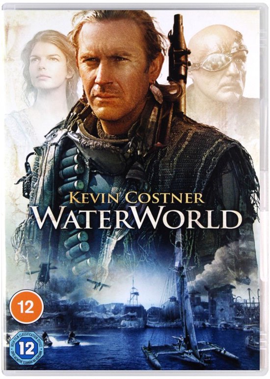 Kevin Costner in Waterworld DVD-hoes met beelden van de film en de hoofdpersonen.