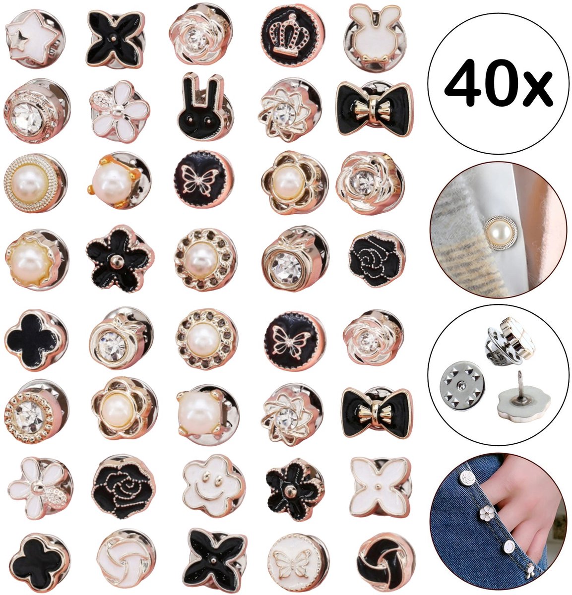 Fako Bijoux - 40x Pin Broche Mini - Steek Pin Knopen Set - 40 Mini Broches - 8-12mm - Silver, Gold, White & Black - 40 Stuks - Zilver, Goud, Wit & Zwart - Supermix 2