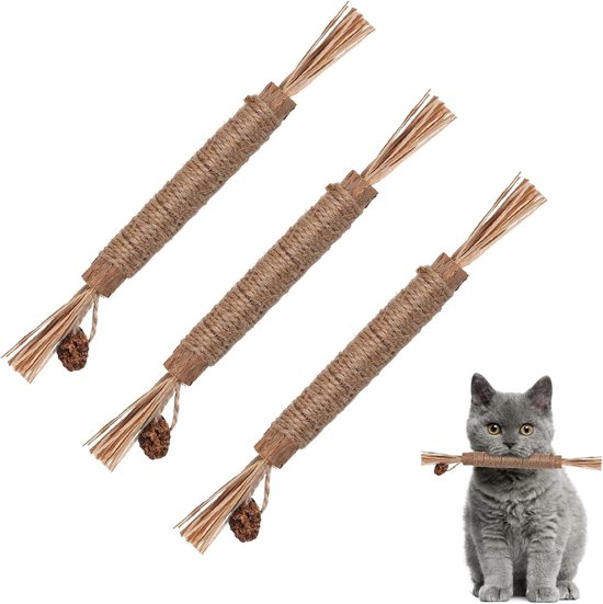 Grijze kat houdt zilverstruikspeeltje van sisal touw in bek. Drie speeltjes liggen schuin op witte achtergrond.