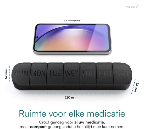 Mecura Medicijnen Opbergdoos & Medicatiedoosje 7 Dagen - Pillendoosje Klein - Pillendoos 7 Dagen Grote Vakken - Medicijndoosje 7 Dagen - Medicijnen Doosje 7 Dagen - BPA-vrij - Zwart