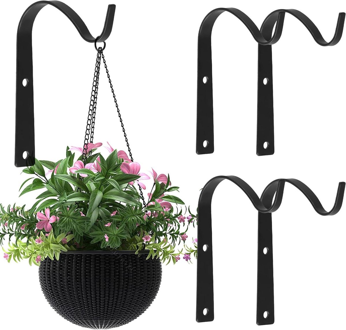 ByShane - Smeedijzeren haken voor hangende planten en mandhouders - Set van 4 - Inclusief schroeven - Voor manden, vazen, vogelhuisjes en windklokken - Zwart - Multifunctioneel