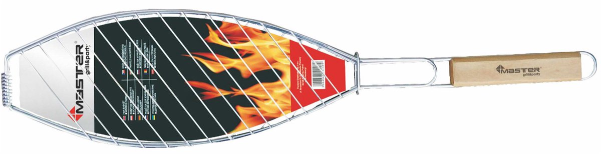Master Grill & Party - Grill rooster - Visrooster, verchroomd staal, houten handvat, 68cm, MG148A