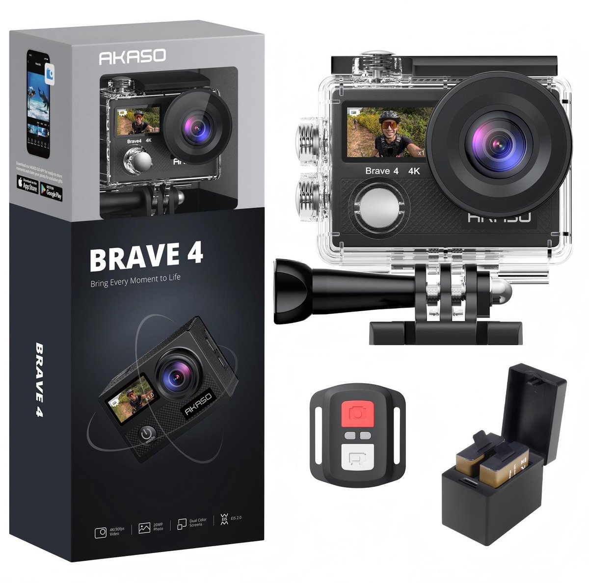 AKASO Brave 4 Action Camera 4K – Waterdichte 30 m – Beeldstabilisatie – Zoom & Timelapse – Afstandsbediening – Onderwatercamera met Accessoireset