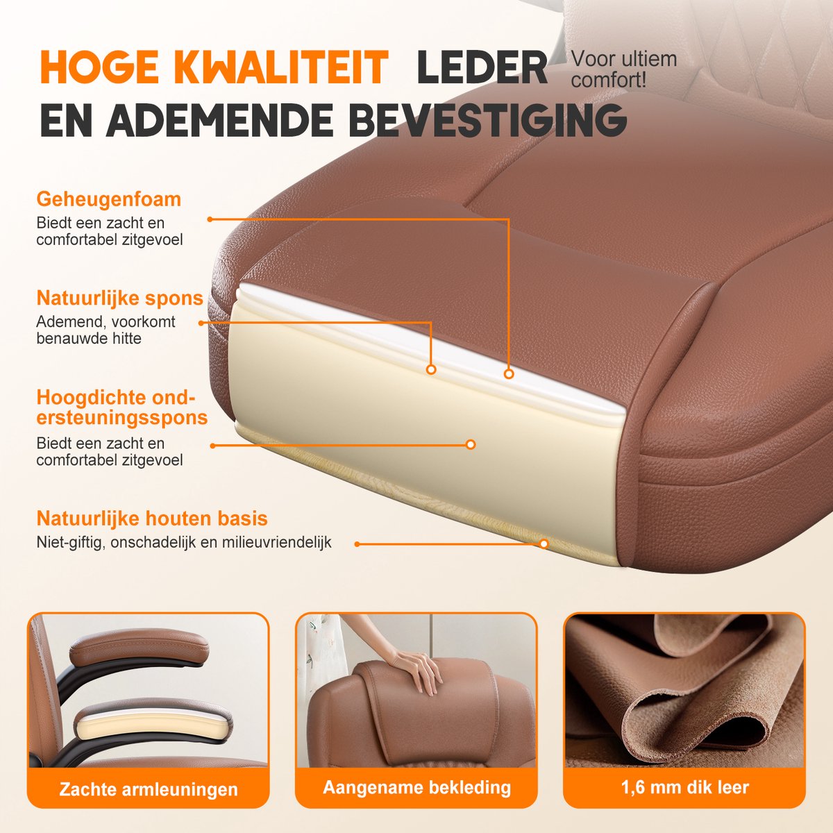 Elekiatech Ergonomische Bureaustoel-Bureaustoel-met 90°-120°Rugleuning Bureaustoelen voor Volwassenen-Inklapbare Armleuningen-Office Chair-Gaming Stoel-150kg - Bruin – foto 3