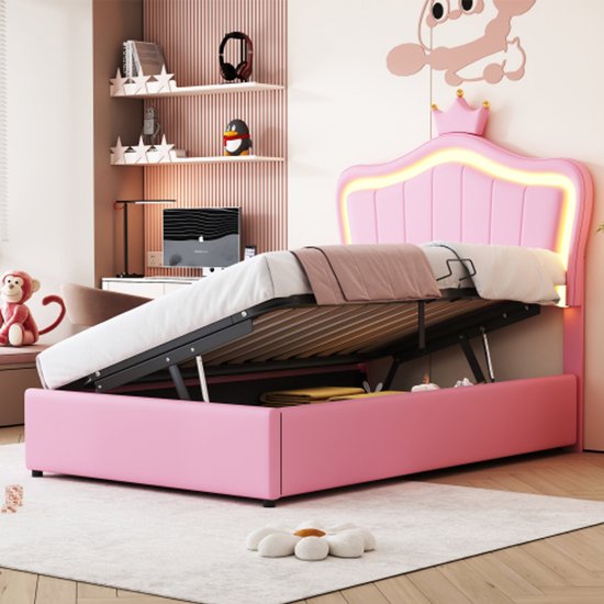 Gestoffeerd kinderbed 90x200 cm - met LED en 2 lades - Wit
