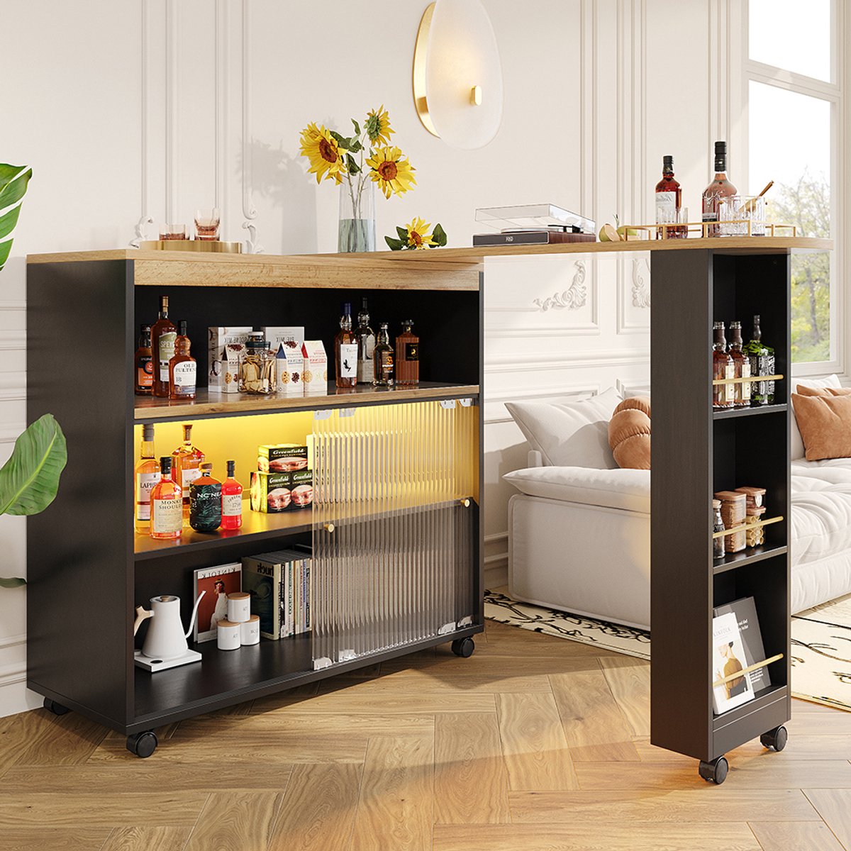 Pugsdrly Uitschuifbare bartafel met opbergruimte, moderne verplaatsbare bartafel, telescopische bartafel met LED, statafel, bistrotafel, hoge tafel, keukeneiland, bistrotafel, grote opbergruimte, zwart (138-204×39×105 cm)