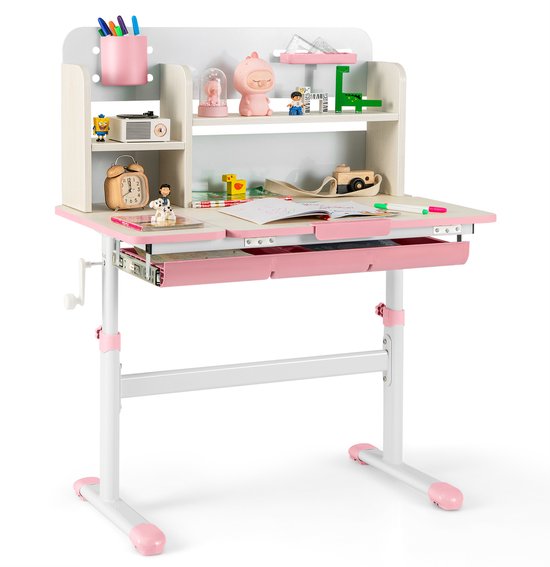 COSTWAY Kinderbureau, in hoogte verstelbaar, bureau voor kinderen, met kantelbaar tafelblad, planken en lade, jeugdbureau, studentenbureau voor kinderen van 3 tot 12 jaar, roze