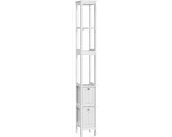 Smal hoge kast, badkamerkast, slanke vrijstaande onderkast, houten wastoren, vrijstaande kast met 2 lades en 3 planken, 20Lx30Bx160Hcm, wit
