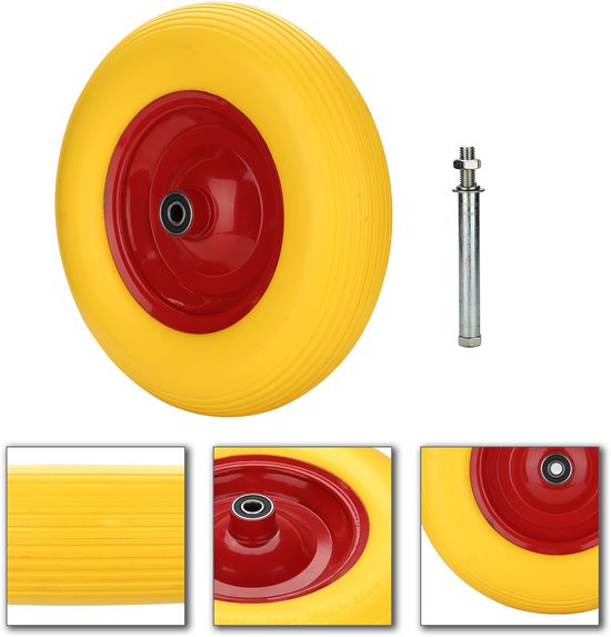 4x Kruiwagenwiel 4.80 / 4.00 - 8 PU plastic geel, Anti lek, plastic velg met rollager, Draagvermogen 200kg, asgat 20mm — afbeelding 2