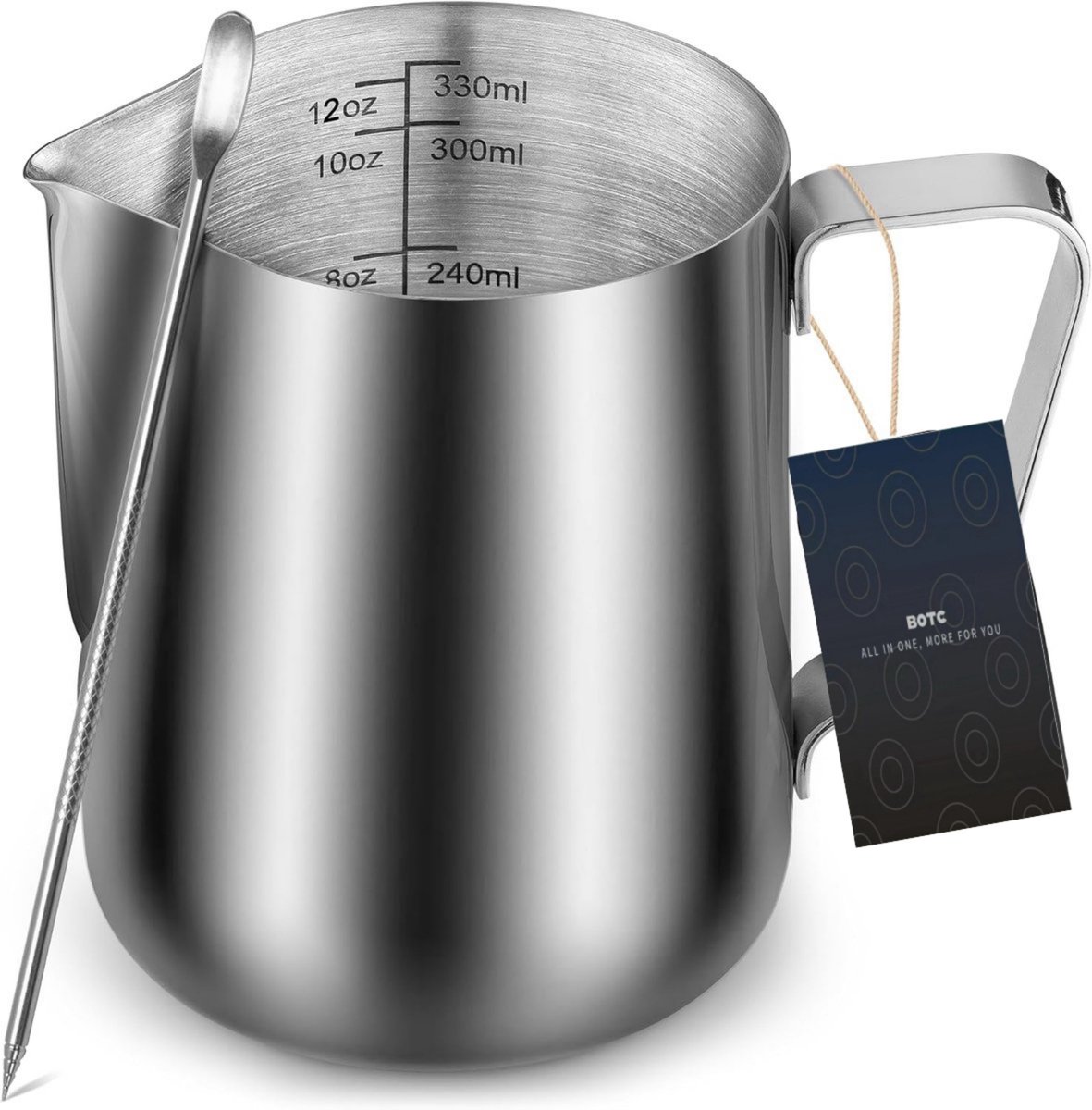 BOTC Melkopschuimkan met Latte Art-pen – 12oz - Roestvrijstalen melkopschuimbeker met maatmarkeringen - Zilver