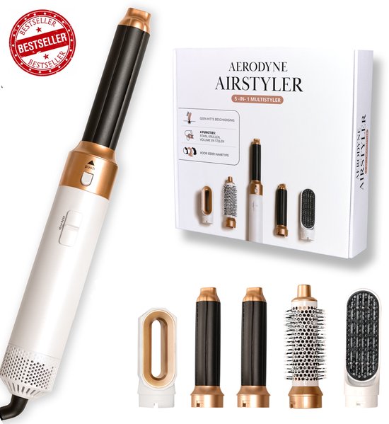Aerodyne® Airstyler - Fohnborstel - Multistyler - Airwrap - Krultang 5 in 1 - Hairwrap - Krulborstel - Hittebestendige Handschoen - 4x Haarclips - Luxe Cadeau Set - Wit/Roségoud